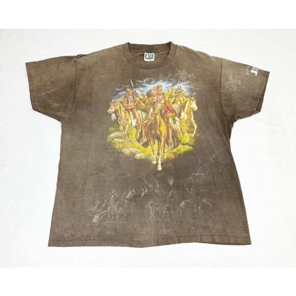Vintage 90s Atlanta Boot Village Western T-Shirt XL Brown Native American AOP - Picture 2 of 8